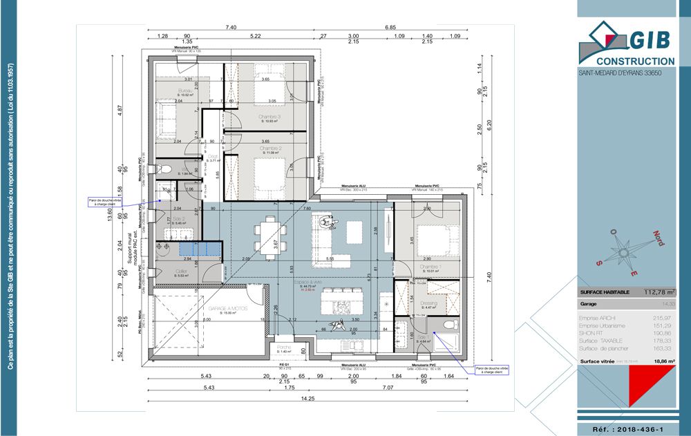 Jolie maison en L 112 m² 3 chambres/bureau/garage - plan