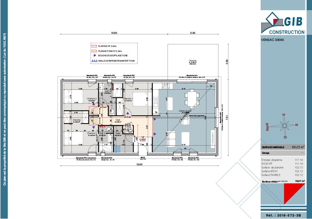 Maison rectangulaire moderne 3 chambres - plan