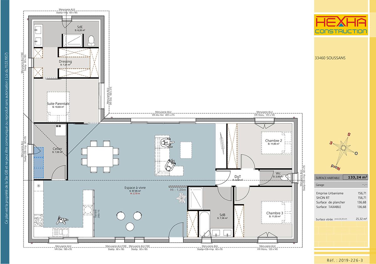 Grande maison plain pied en L - plan
