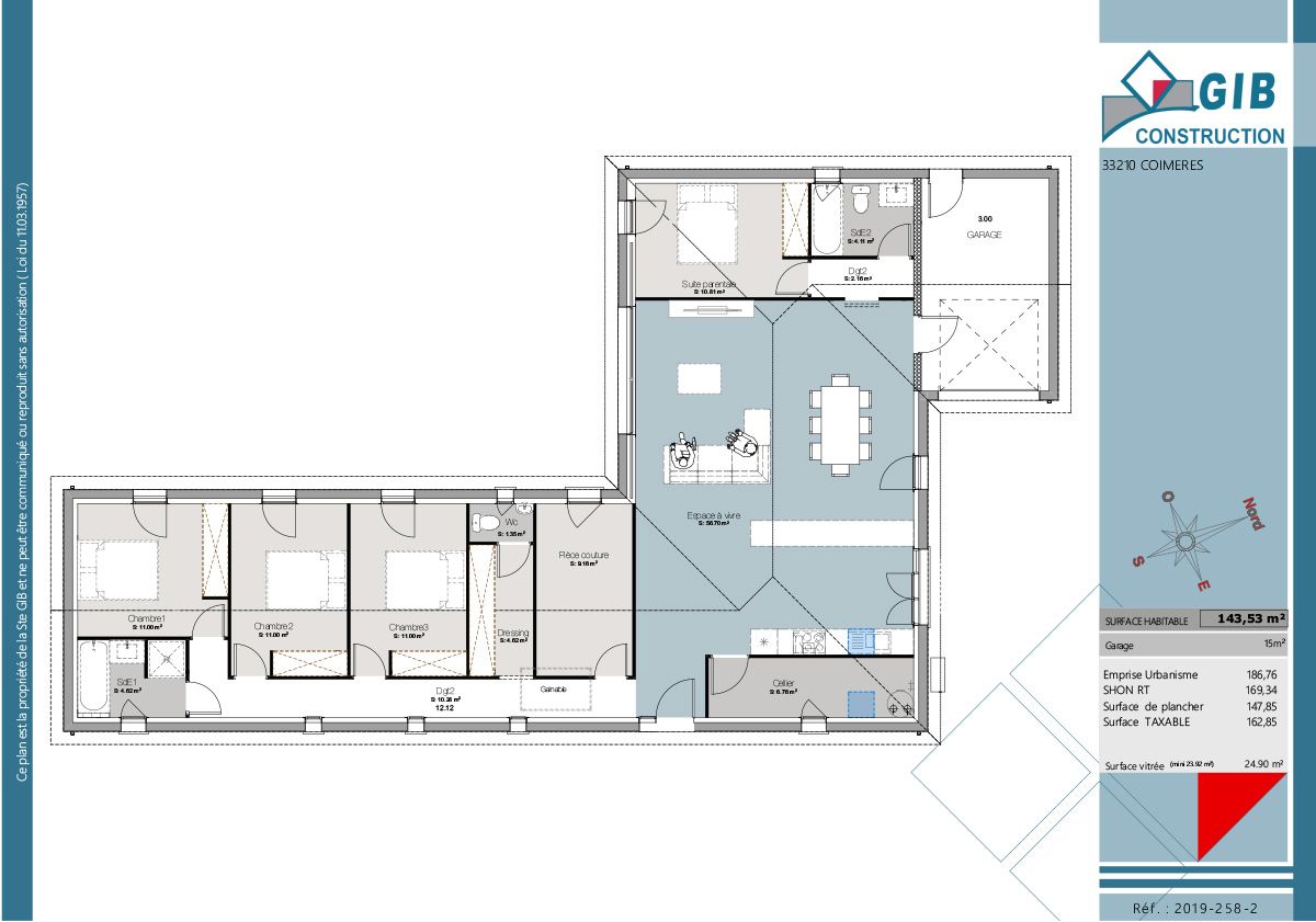 Maison plain pied en L 6 pièces - plan