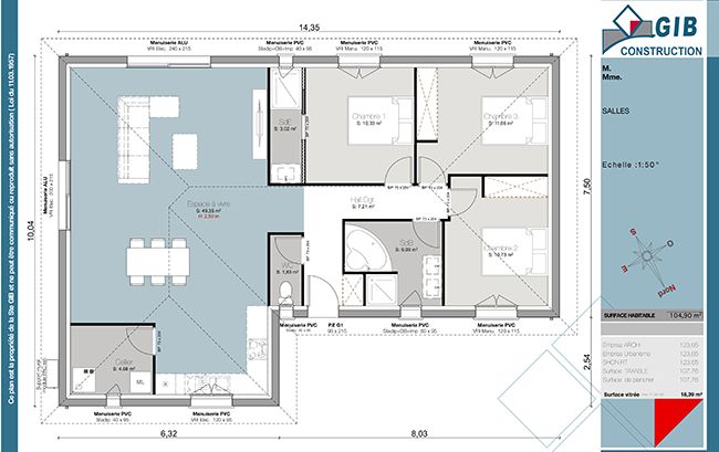 MAISON RECTANGULAIRE 3 CHAMBRES - plan