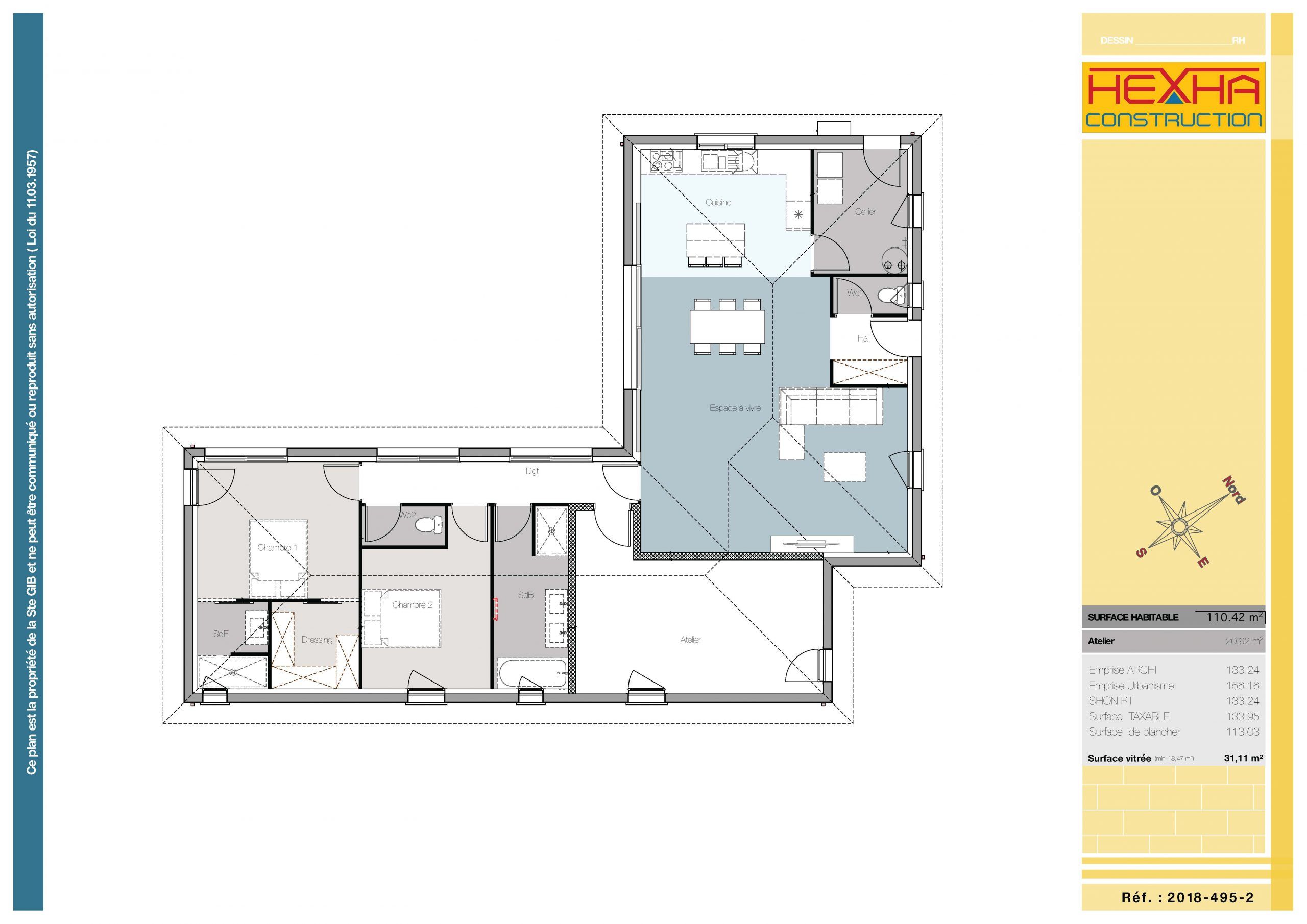 Grande maison plain-pied en L avec piscine - plan