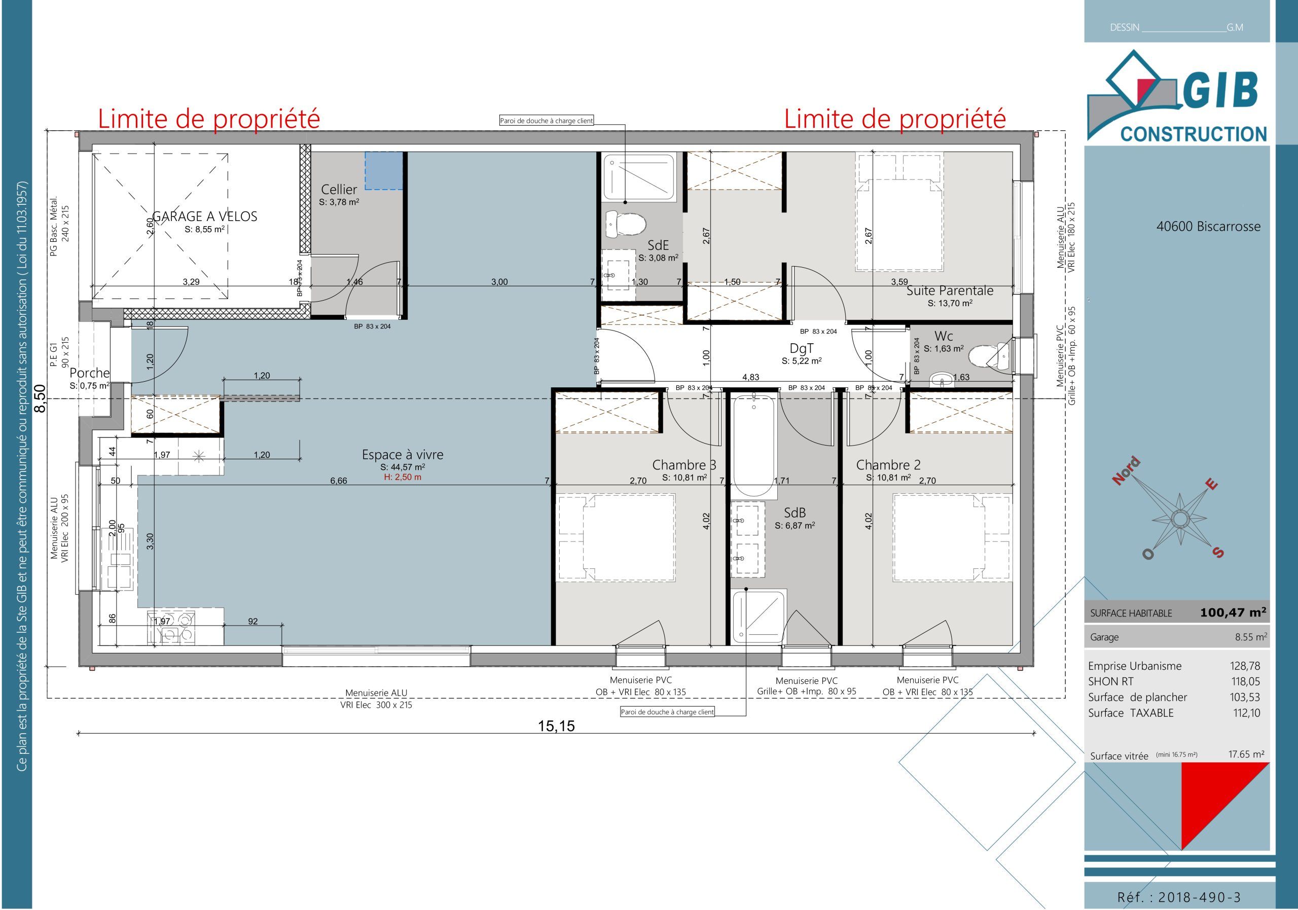 Maison rectangulaire 3 chambres - plan