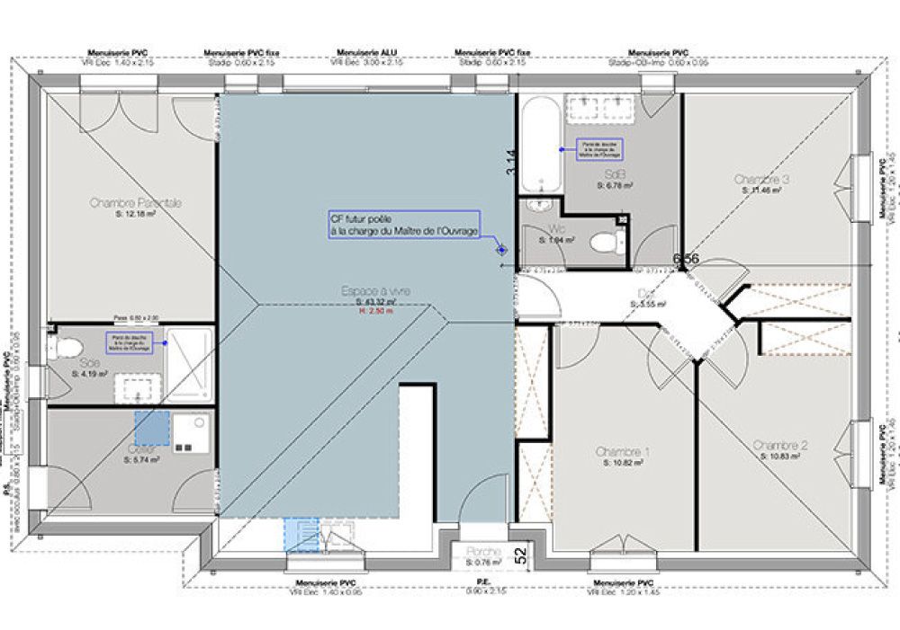 Maison rectangulaire originale 4 chambres - plan