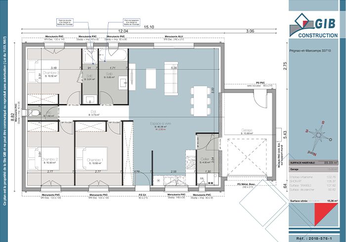 Maison rectangulaire 3 chambres 90 m² - plan